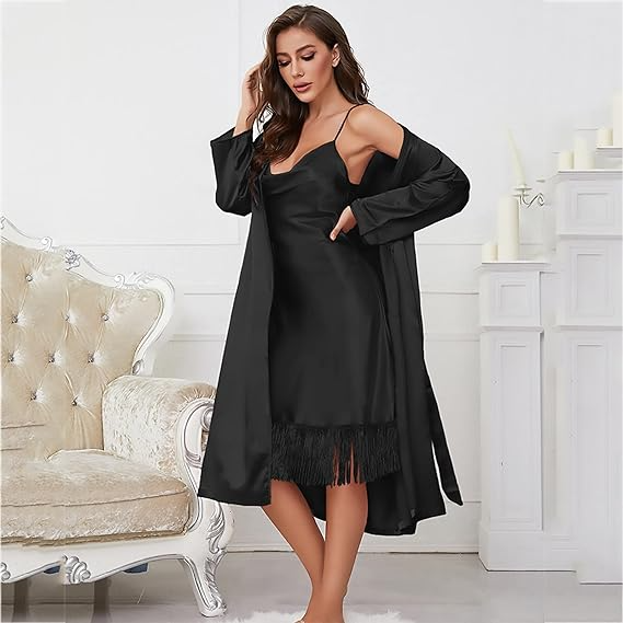 Black Satin Nightgown Long Nightgown And Robe Sets WOMEN BLACK